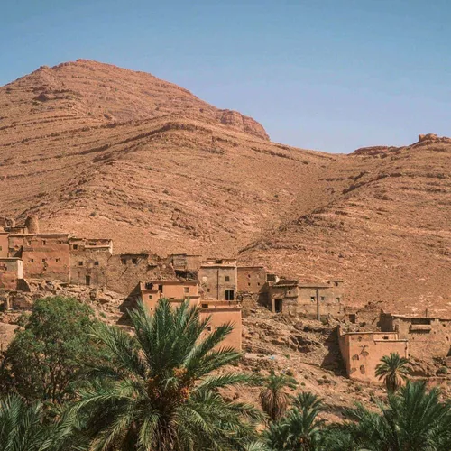 Traditional Berber village surrounded by palm trees in the Atlas Mountains on Contiki's Culture & Coastlines in Morocco Tour