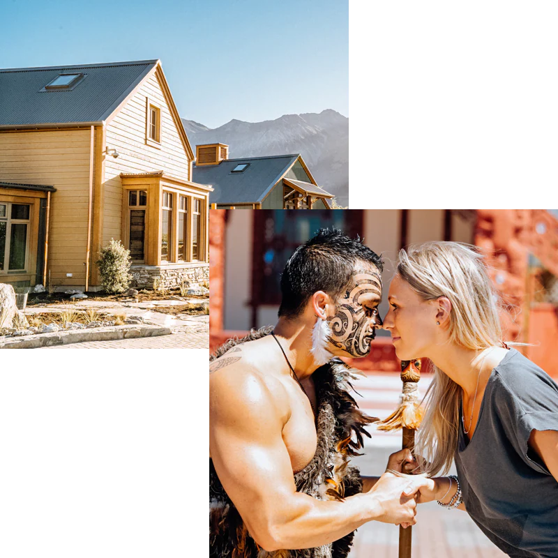 collage, girl with warrior and houses