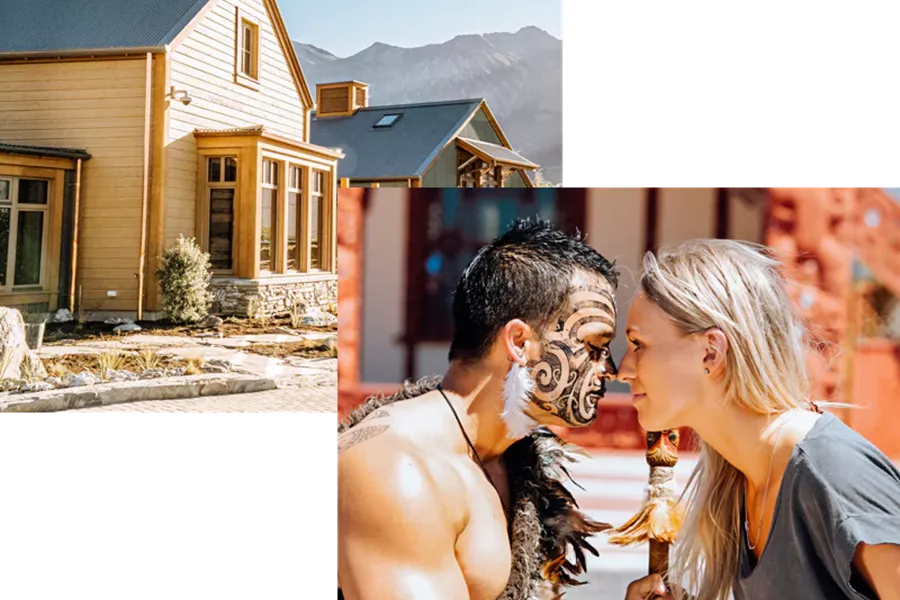 collage, girl with warrior and houses