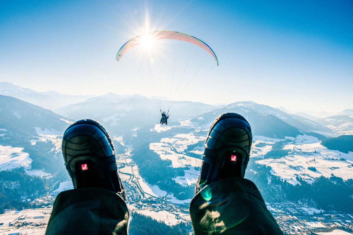 Paraglading Snowy Mountains Sunny Day