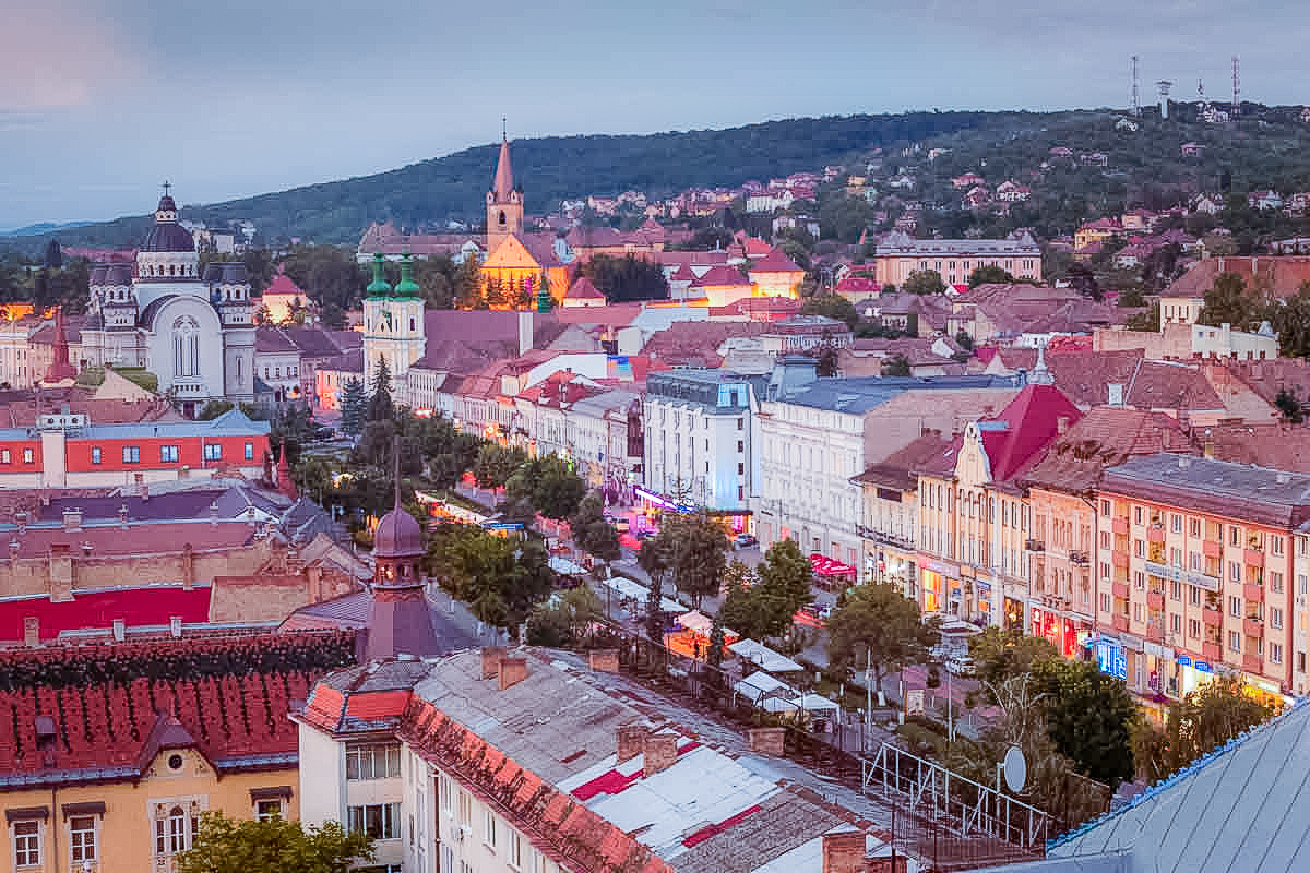Skyline of Cârgu Mureș at dusk, Romania