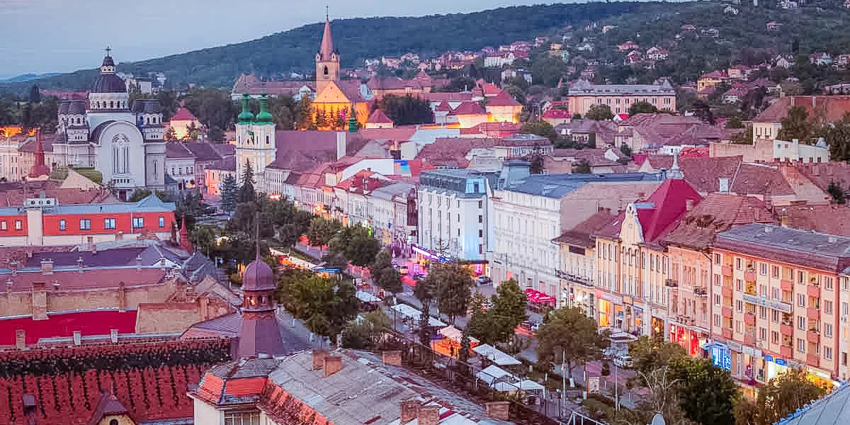 Skyline of Cârgu Mureș at dusk, Romania