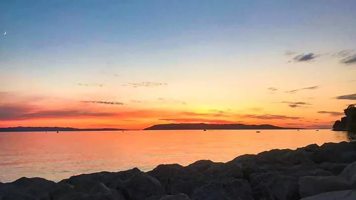 Sun setting over the docks of the overnight, Adriatic Ferry