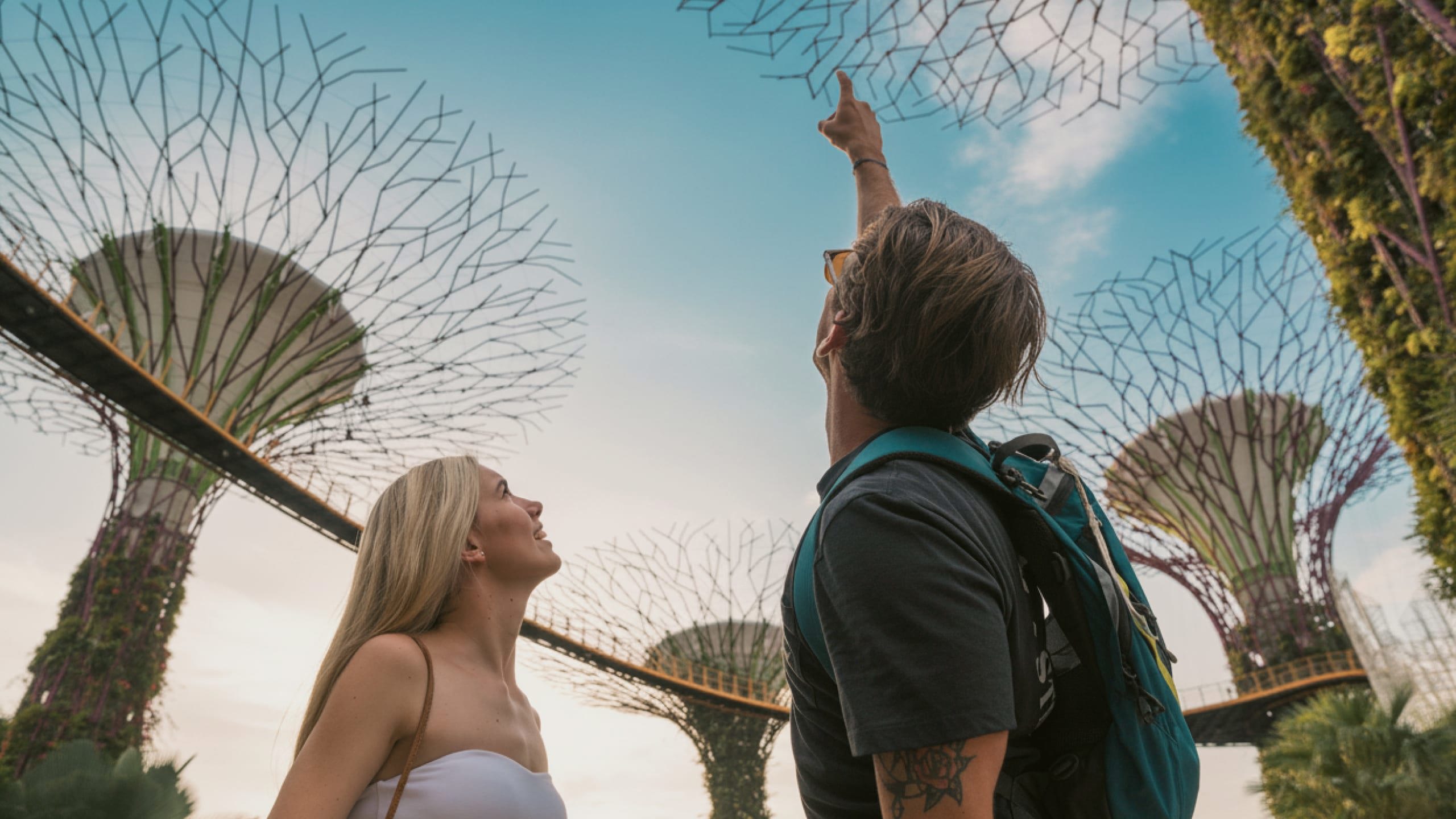Travellers looking up at the Supertree Grove in Gardens by the Bay, Singapore - Contiki Best of Malaysia & Singapore Tour