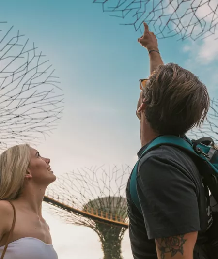 Travellers looking up at the Supertree Grove in Gardens by the Bay, Singapore - Contiki Best of Malaysia & Singapore Tour