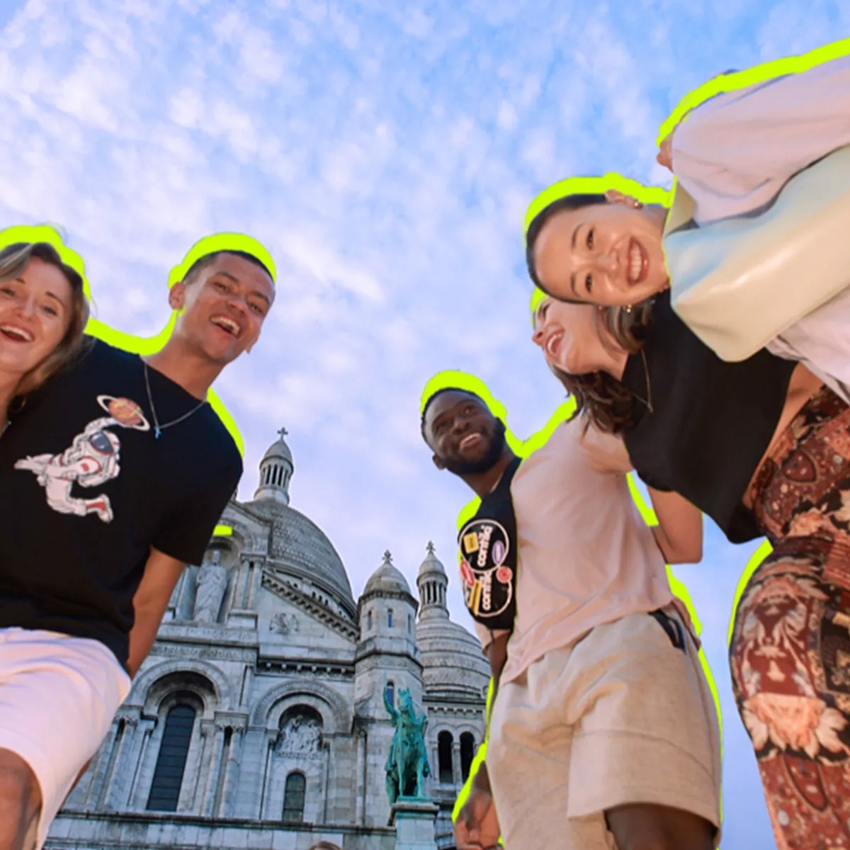 Group of tourists in front of Villa Margaux Opera Montmartre in Paris, France