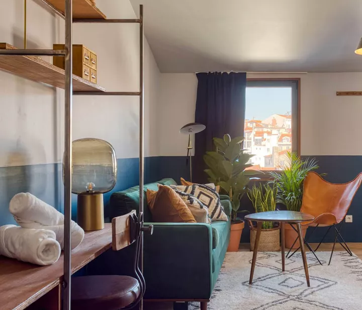 Cozy room with a green sofa