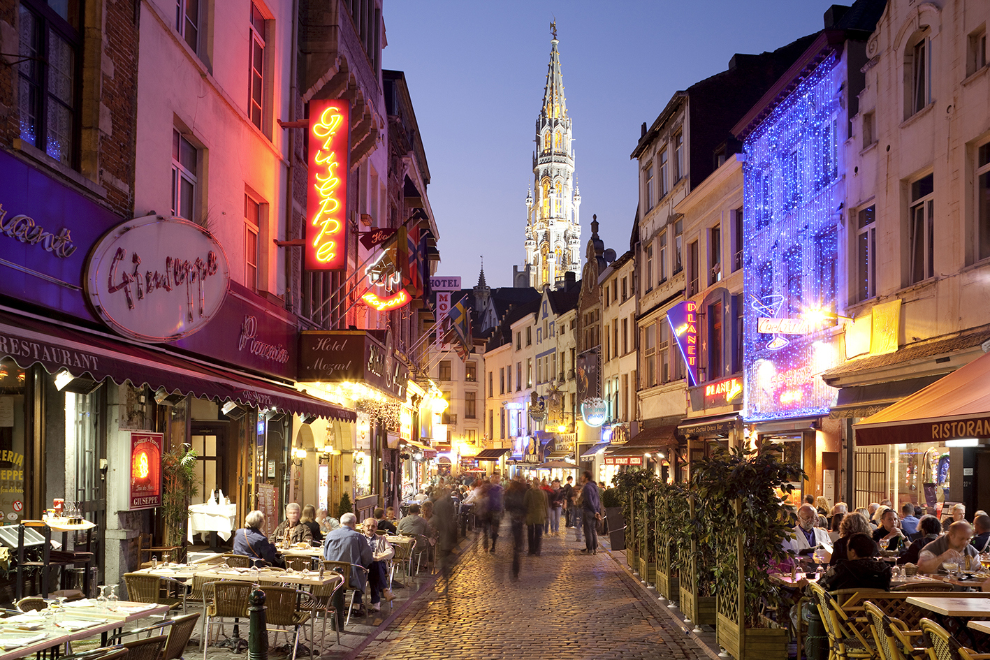 Cobbled street with cafes and restaurants, Brussels, Belgium