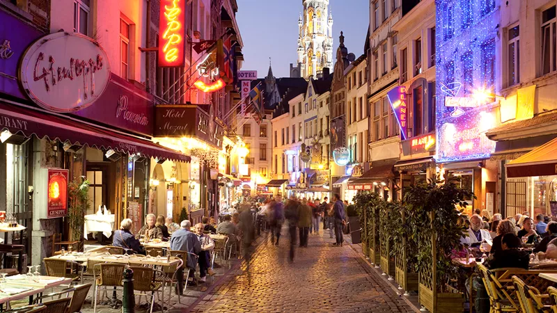 Cobbled street with cafes and restaurants, Brussels, Belgium