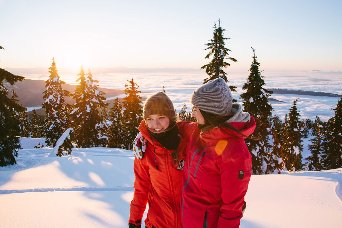 Two Friends Smiling Snow Around Them