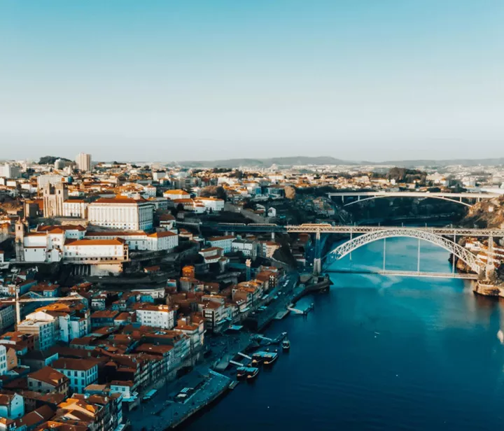 Buildings and the river flowing through Porto in Portugal