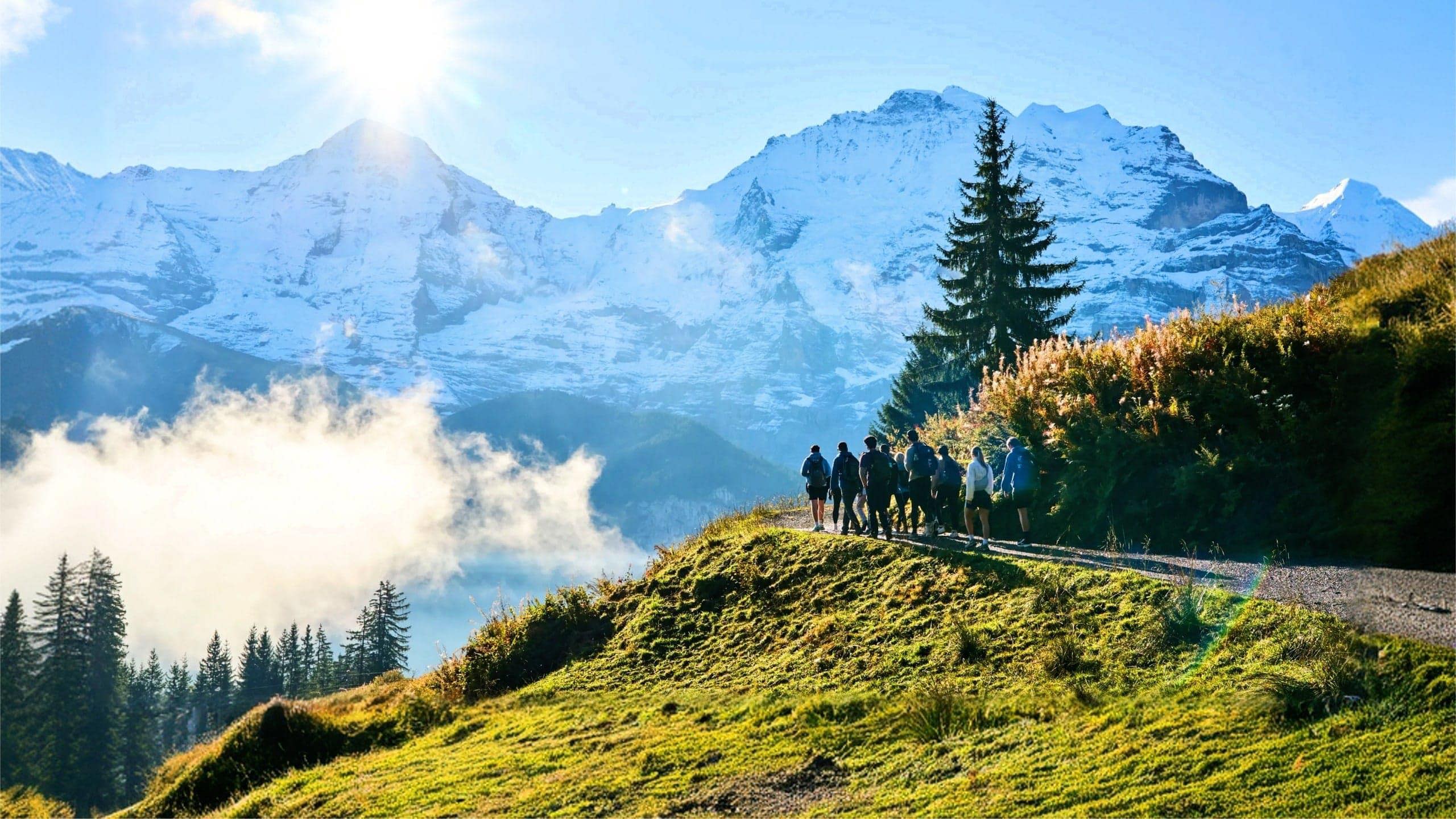 Travellers hiking through the Swiss Alps with panoramic mountain views on the Contiki Active Swiss Alps Tour