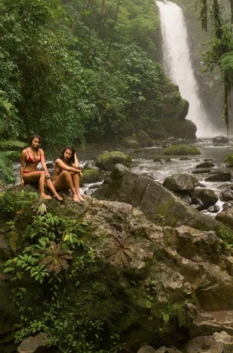 Two travellers relax on rocks beside a rainforest waterfall in Costa Rica, surrounded by lush jungle and a flowing river - Contiki Best of Costa Rica Tour