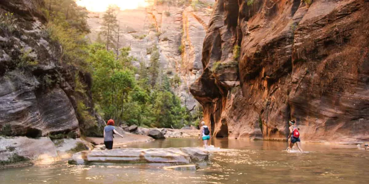 Group Of Explorers Walking Through River At Zion National Park Usa 0707AMER2015