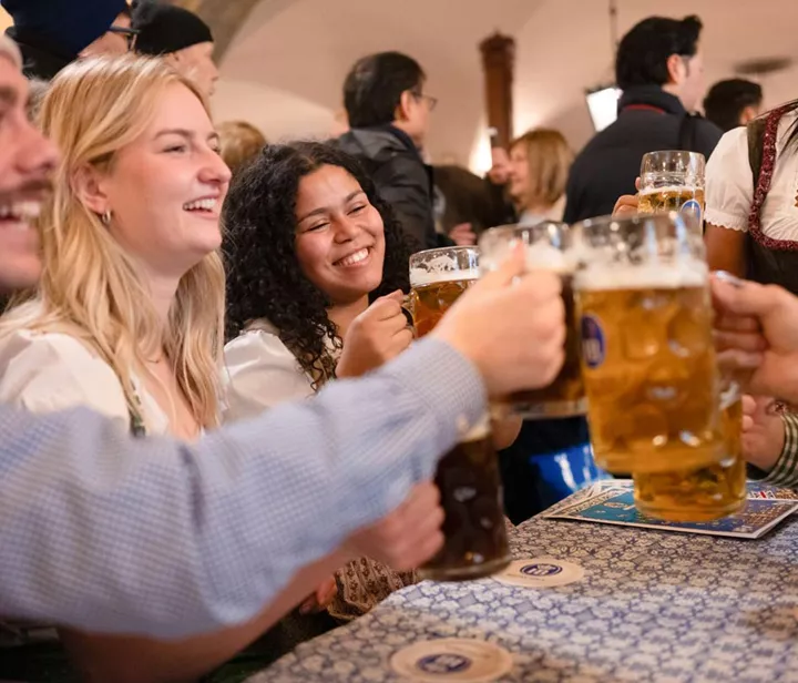 Group Of People Drinking Beer Smiling At Each Other