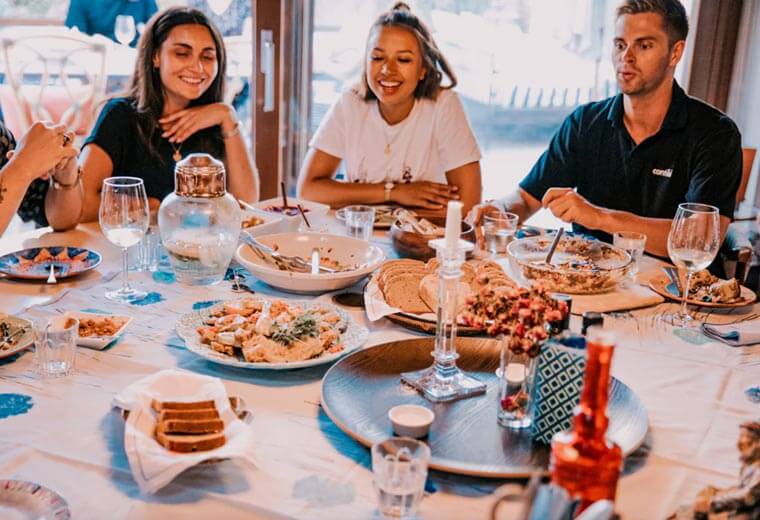 Group eating dinner in a restaurant