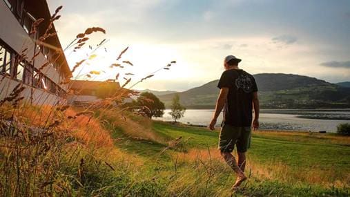A man walking in the field at sunset