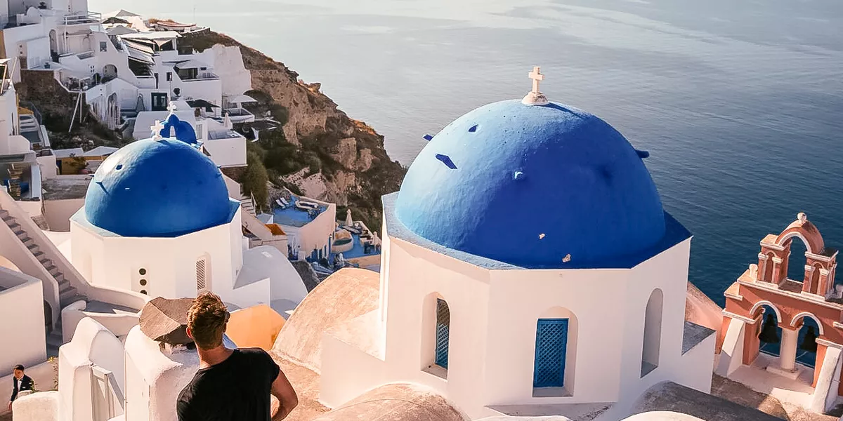 Man Looking At Blue Sea From Hill Sunny Day Santorini