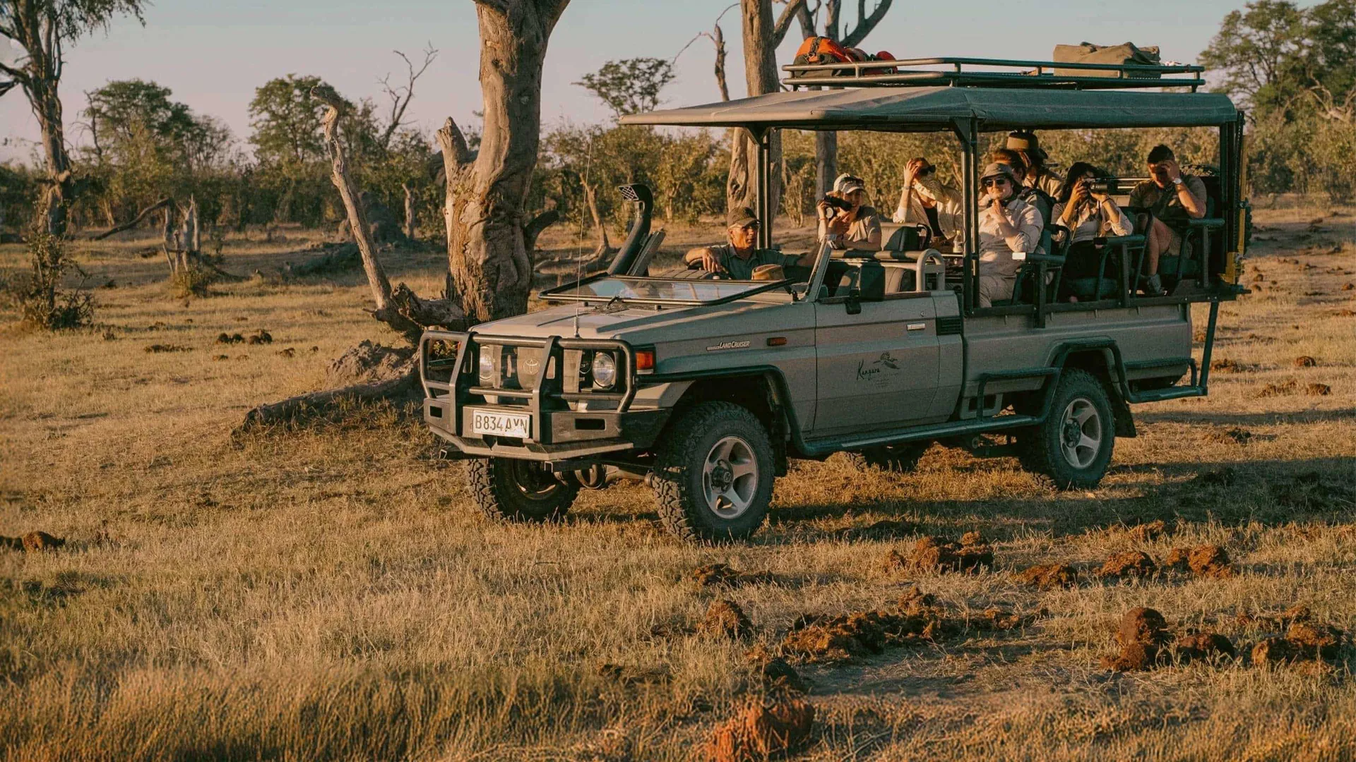 Travellers enjoy a wildlife safari in an open game drive vehicle on the Contiki Best of Botswana & Namibia Tour