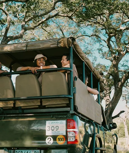 Travellers riding in an open safari vehicle during a game drive - Contiki South Africa & Botswana Safari Tour