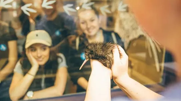 A man holding and presenting a young bird to visitors