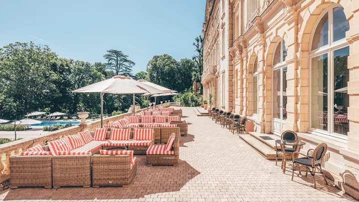 Outdoor seating are at the Chateau de Cruix in the Beaujoulais Wine Region in France