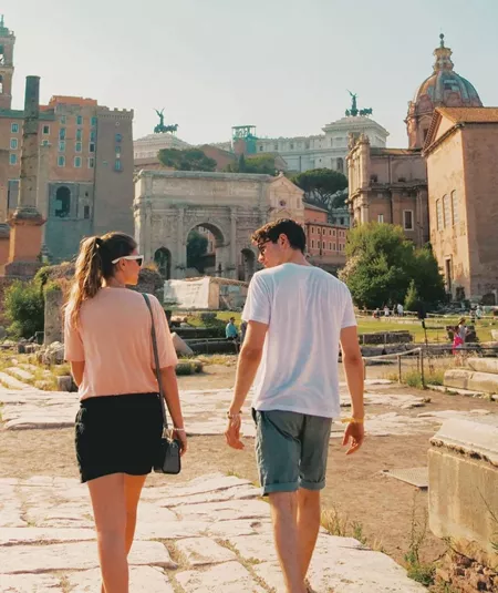 Contiki travellers exploring the Roman Forum in Rome, discovering ancient ruins and iconic landmarks on the Rome, Athens & Cairo 35 to 45 Tour