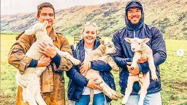 Smiling people holding sheep in their hands
