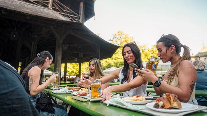 Travellers enjoying Bavarian food and beer, Munich, Germany