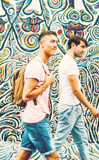 Contiki travellers walking past the colourful East Side Gallery murals in Berlin on the Rome to London Quest Tour