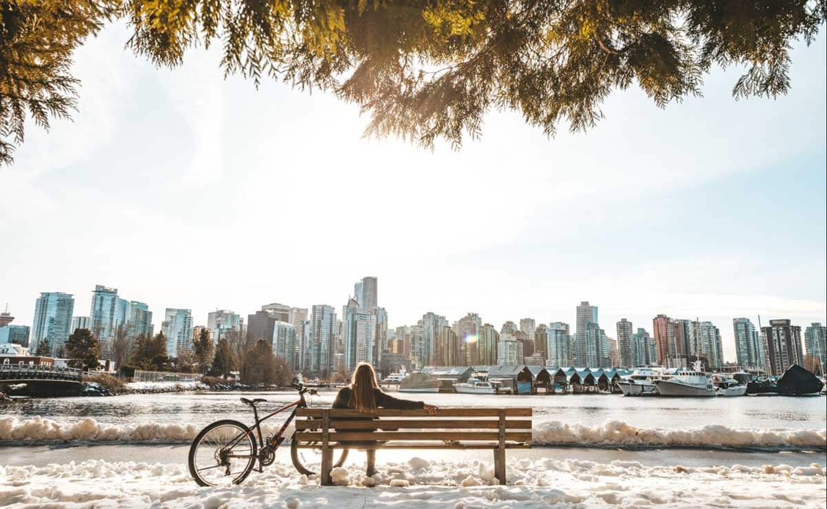 Lone Person Sitting On Bench Vancouver Canada