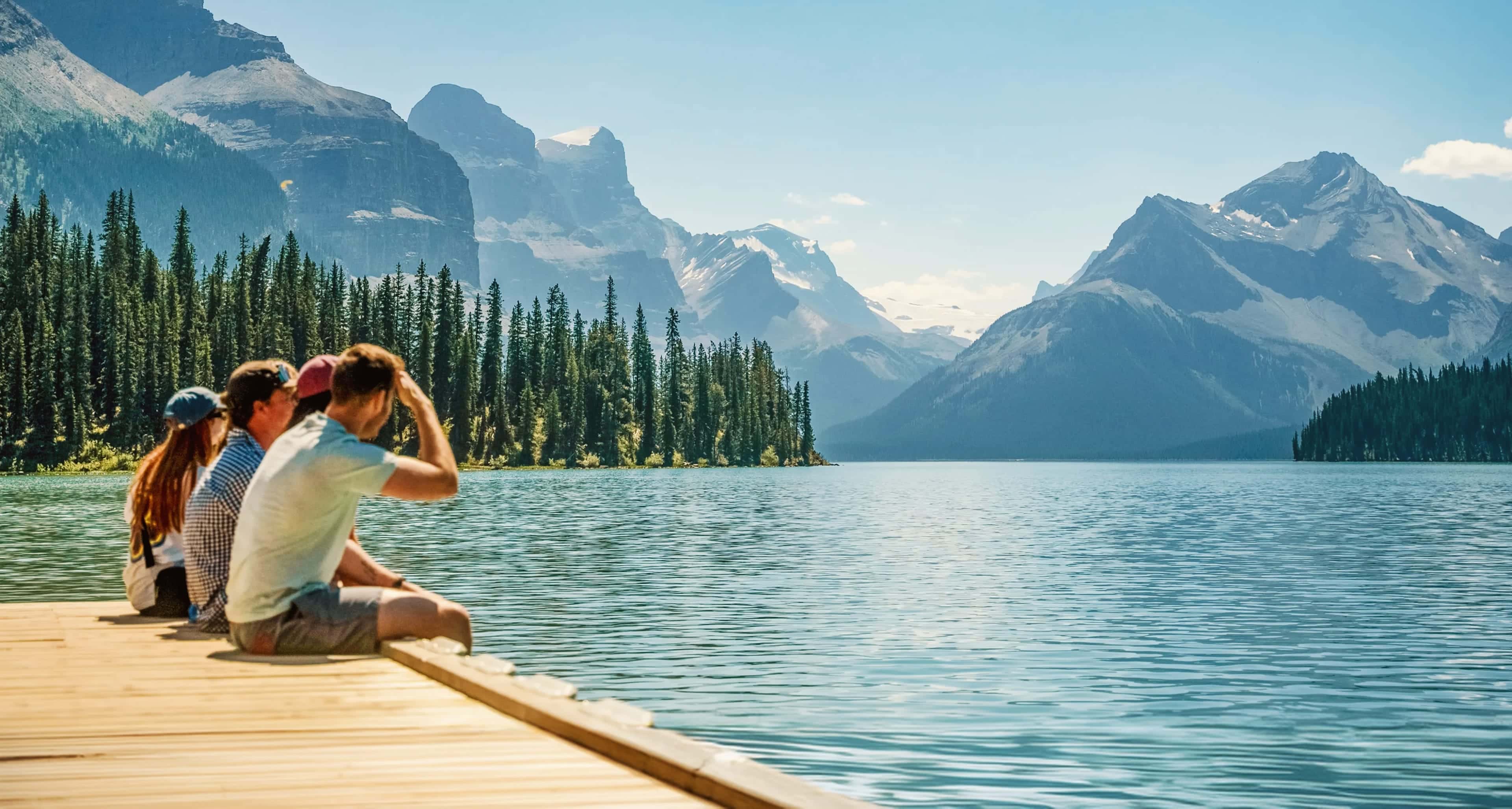 Travellers Sitting Wharf Blue Canadian Mountain Lake