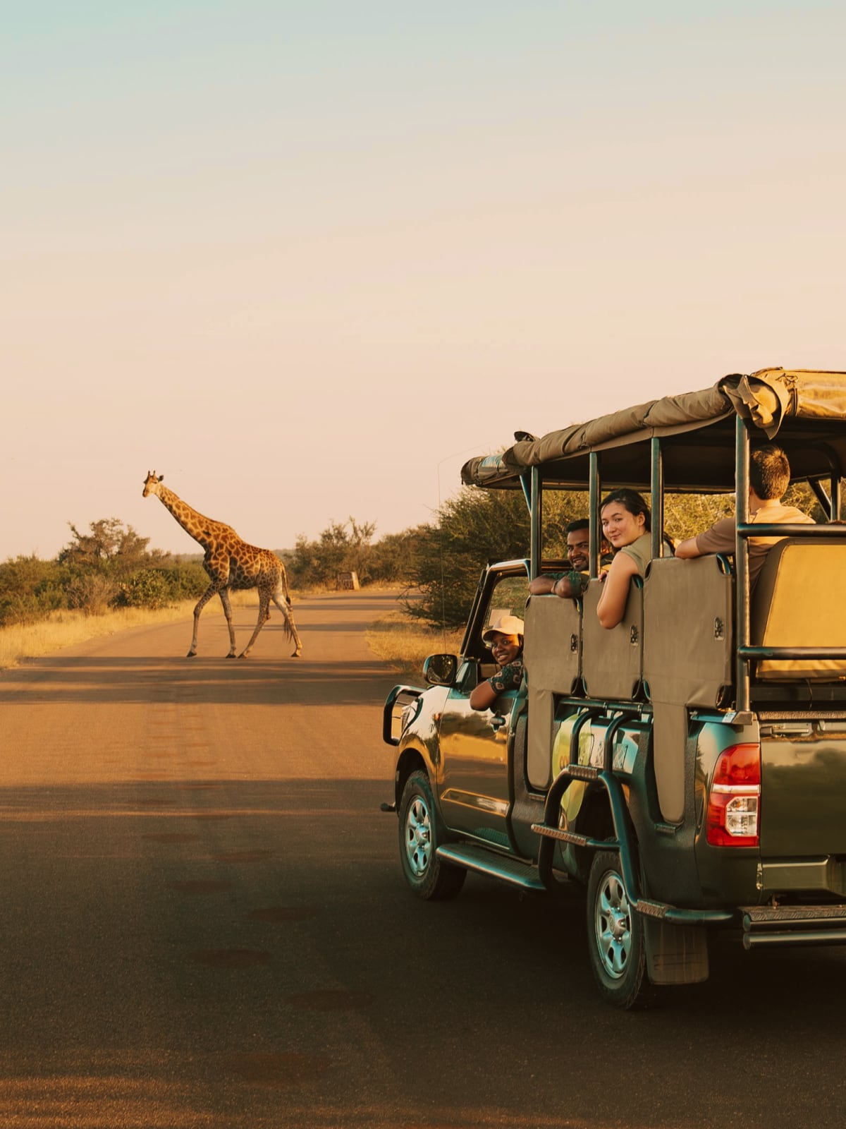 Travellers in an open-sided safari vehicle watching a giraffe cross the road in South Africa.