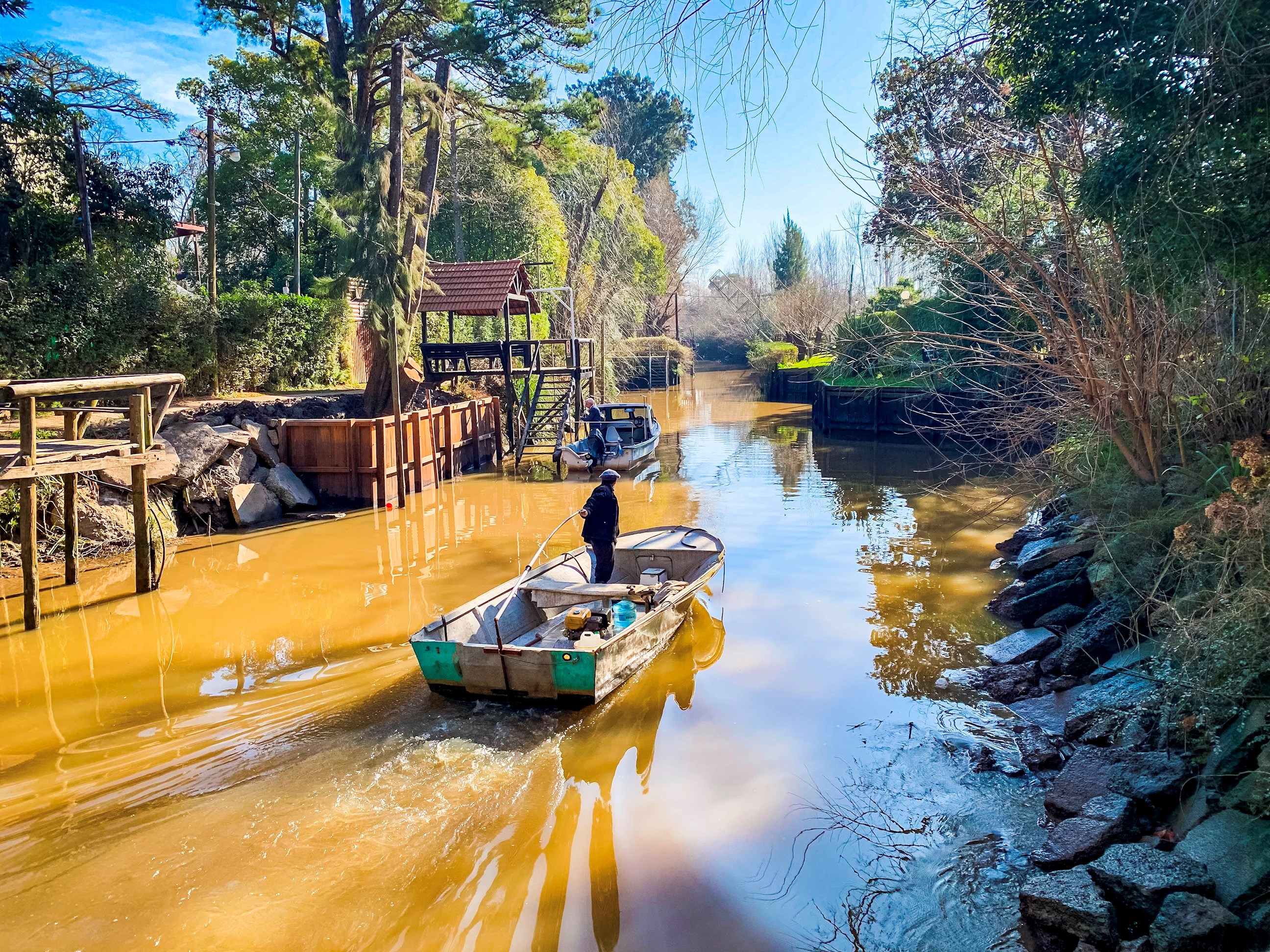 Boat Travelling Down Canal in Tigre, Buenos Aires, Argentina