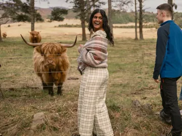 A group meeting a Highland cow in the Scottish Highlands - Contiki Scotland in a Week tour