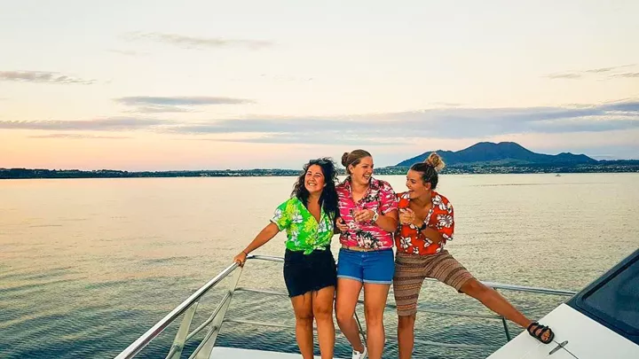 Travellers on a boat on Lake Taupo, New Zealand