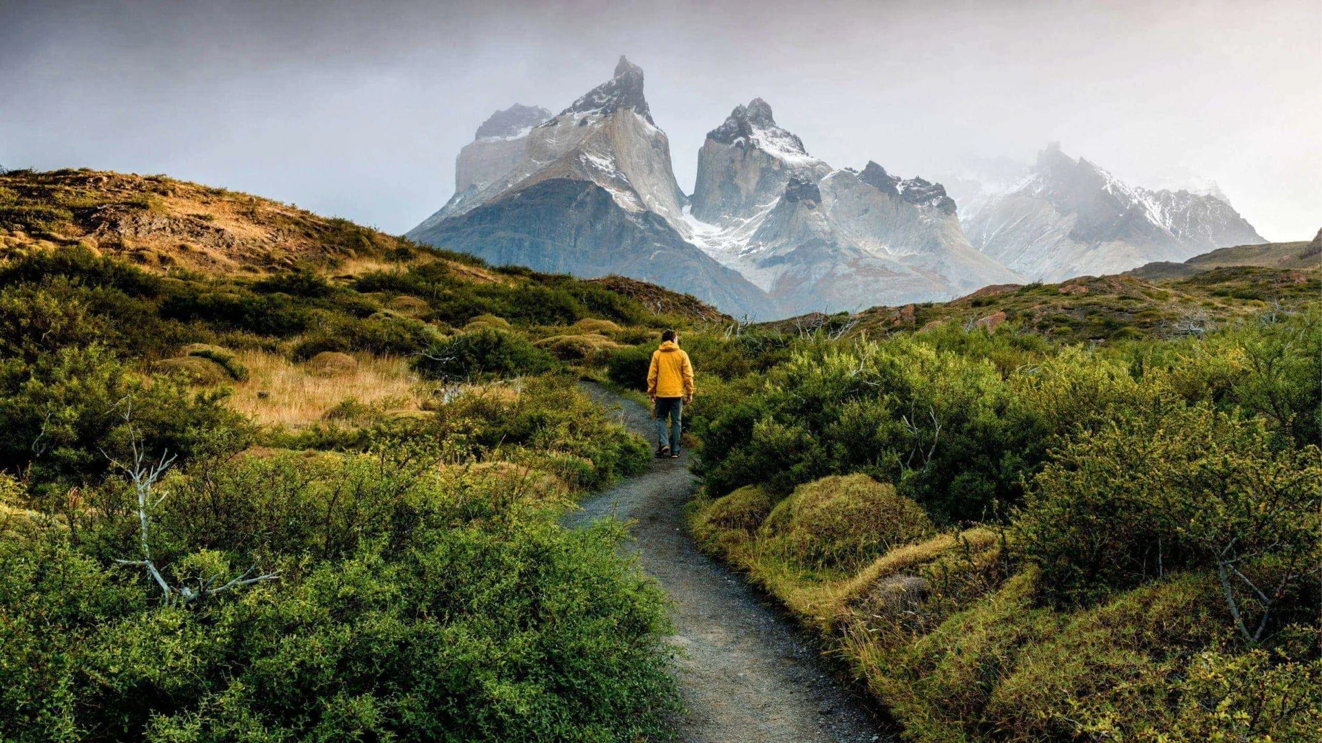 Traveller hiking through Patagonia with dramatic mountain peaks on the Contiki Active Patagonia Tour