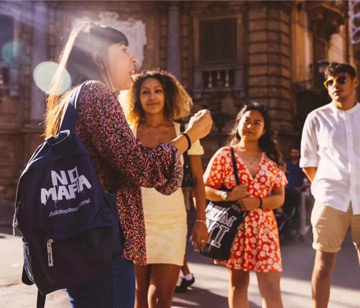 Group of travellers on a No Mafia tour in Sicily, Italy