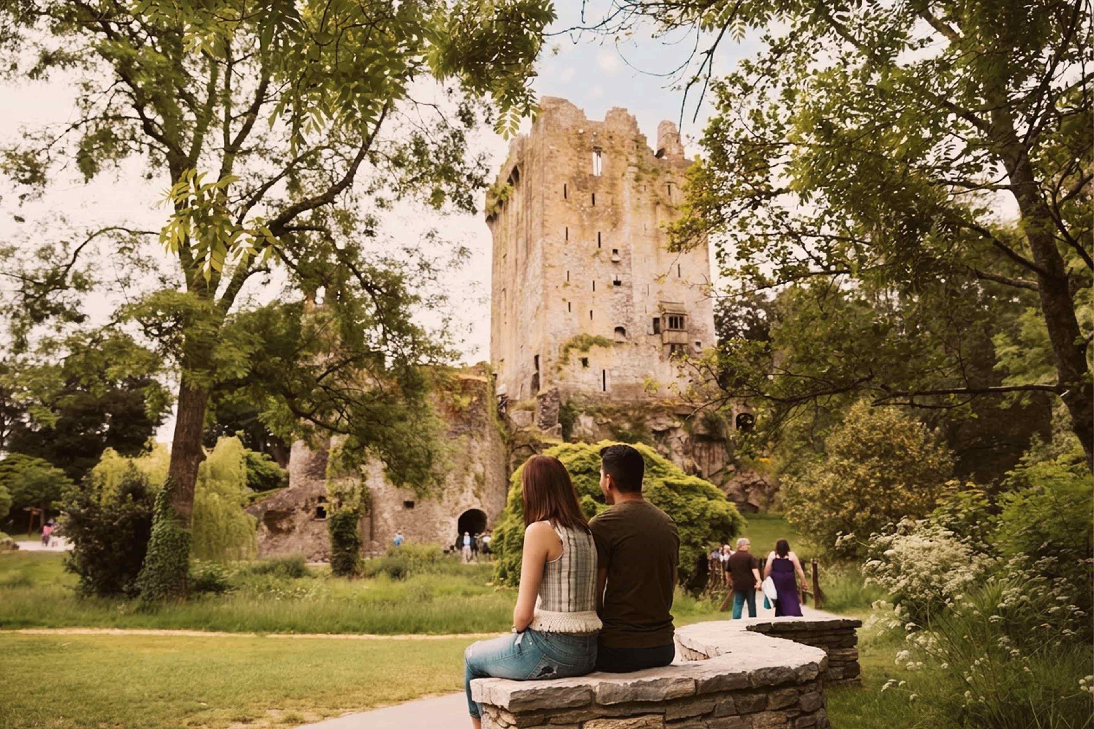 Travellers sitting on a stone wall admiring Blarney Castle surrounded by gardens in Ireland.