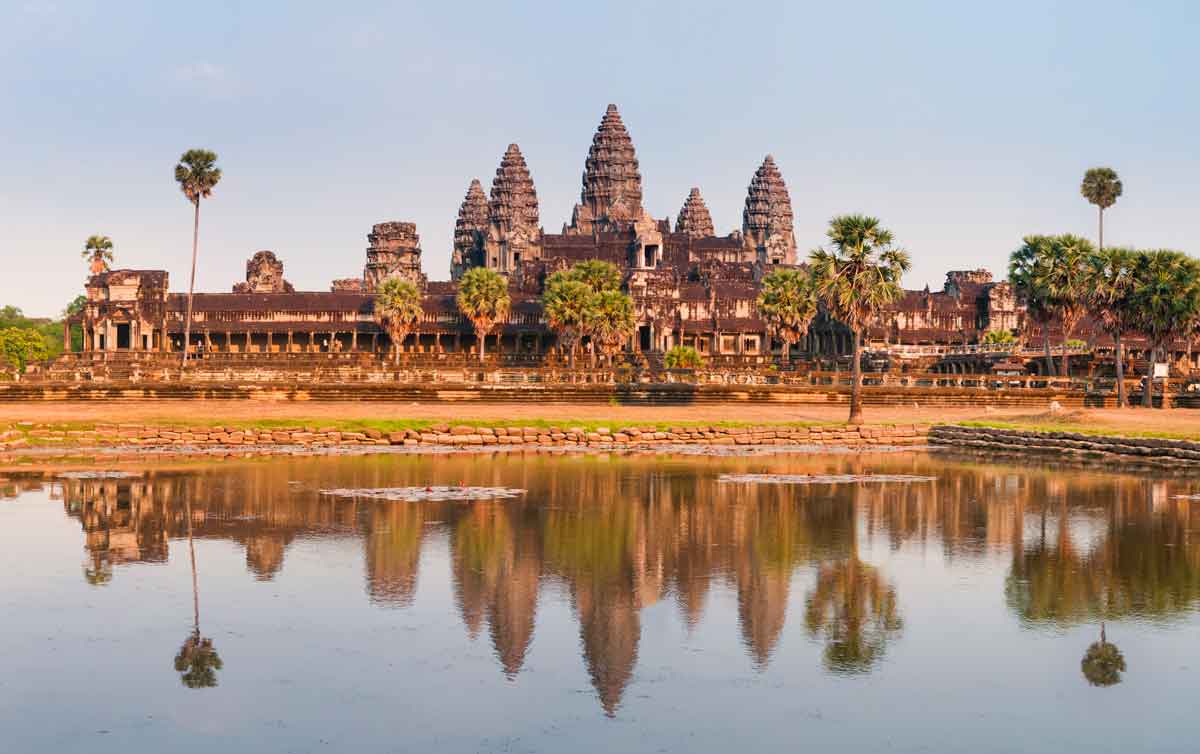 Panorama of Angkor Wat in Cambodia ruins and reflection