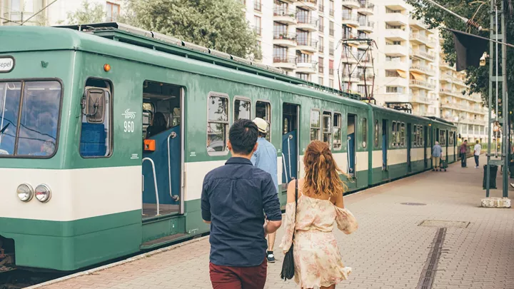 Travellers at the train station in Budapest, Hungary