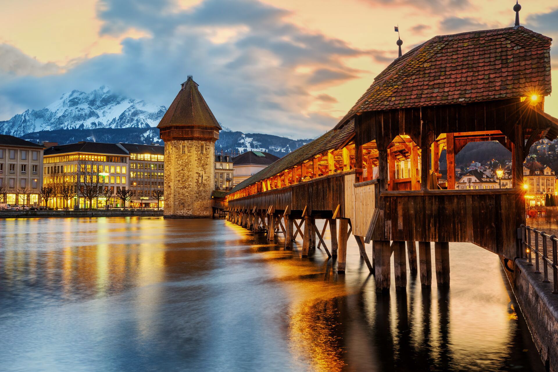 Chapel Bridge in Lucerne in the evening, Switzerland