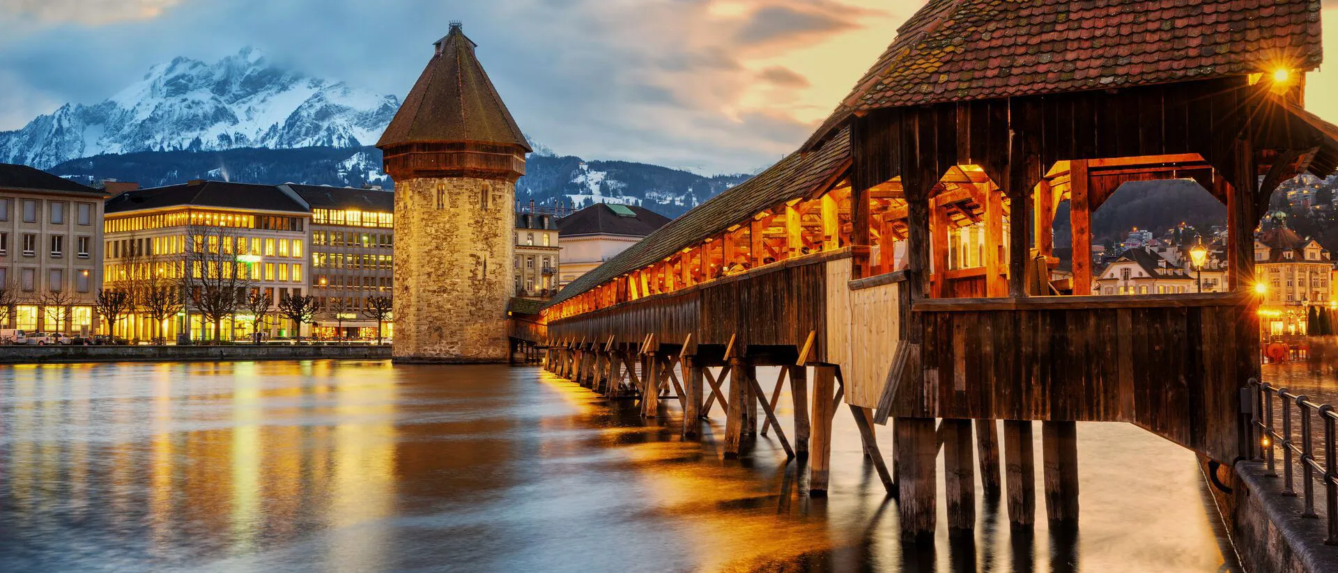 Chapel Bridge in Lucerne in the evening, Switzerland