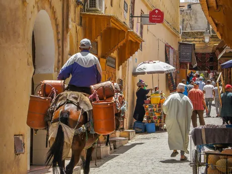 A man rides through a narrow street in Morocco on a horse. Further down the street market sellers are selling fruit and carpets.