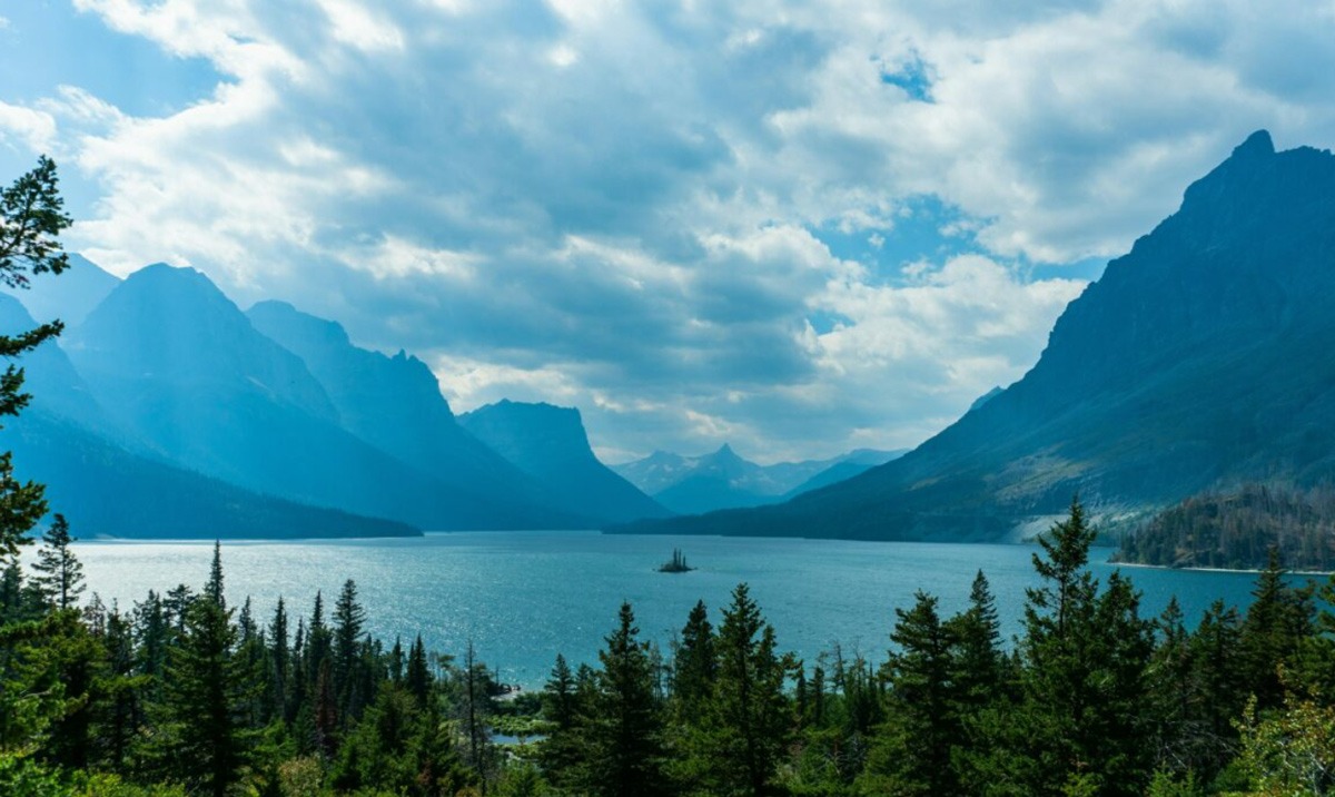 Lake With Mountains Wround Blue Cloudy Sky