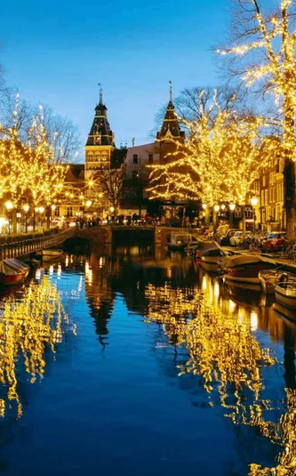 Golden Christmas fairy lights reflecting in an Amsterdam canal at night with the Rijksmuseum in the background - Contiki Netherlands Christmas Tour