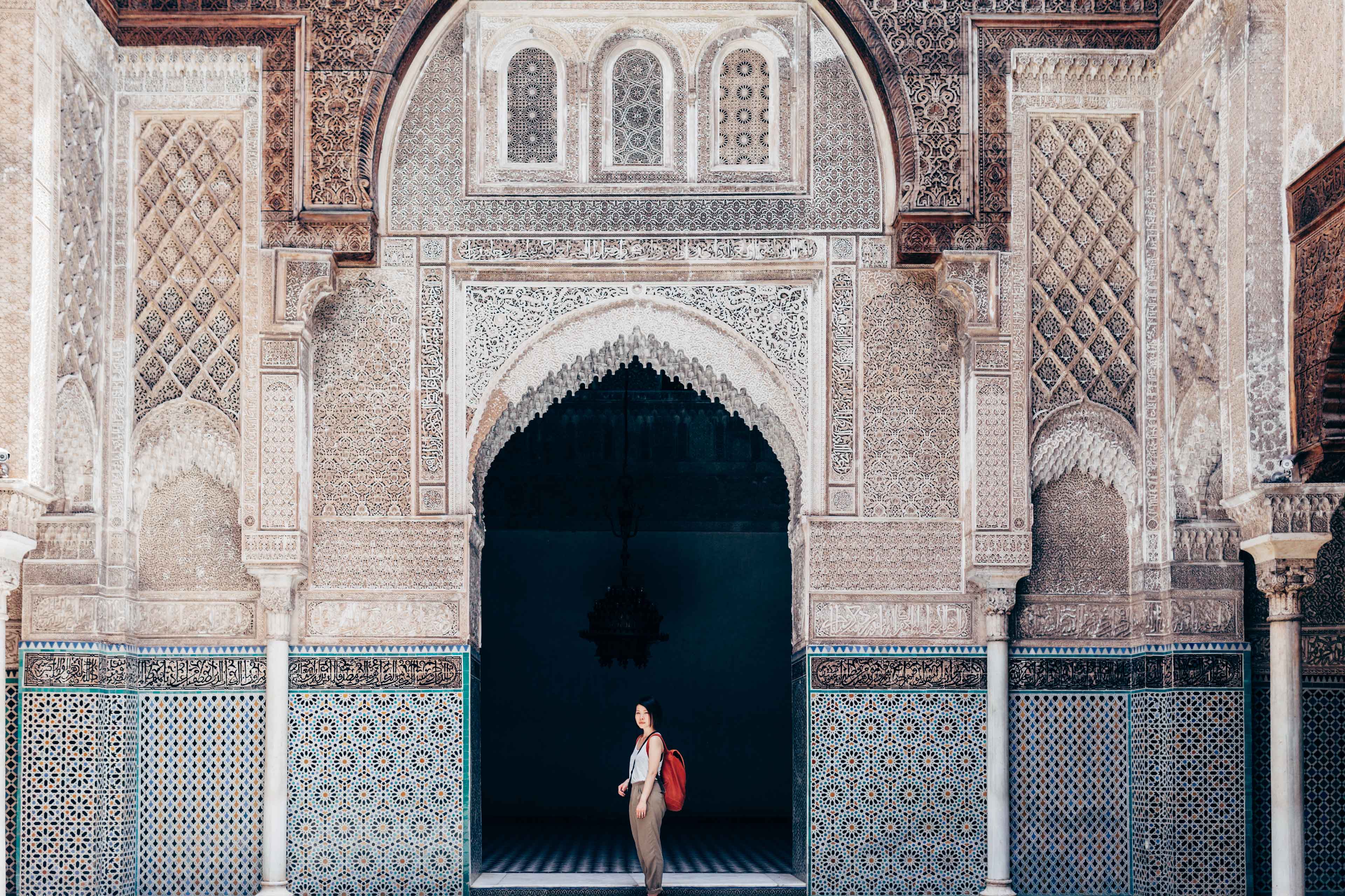 Woman Tourist Visiting Old Temple In Marrakech Morocco