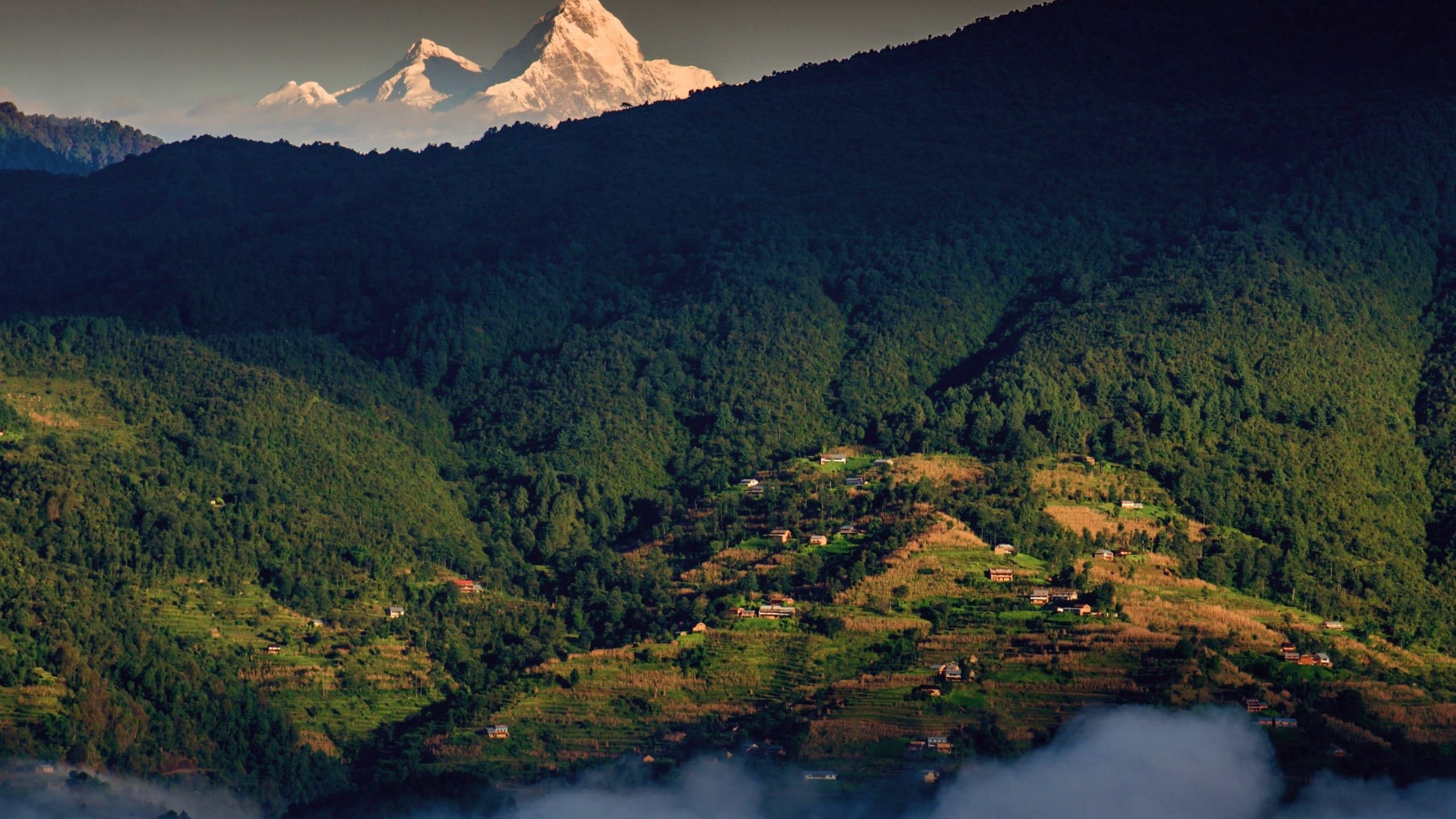 Snow-capped Himalayan peaks rise above forested hills and traditional villages in Nepal's Kathmandu Valley - Contiki Hiking the Kathmandu Valley Tour