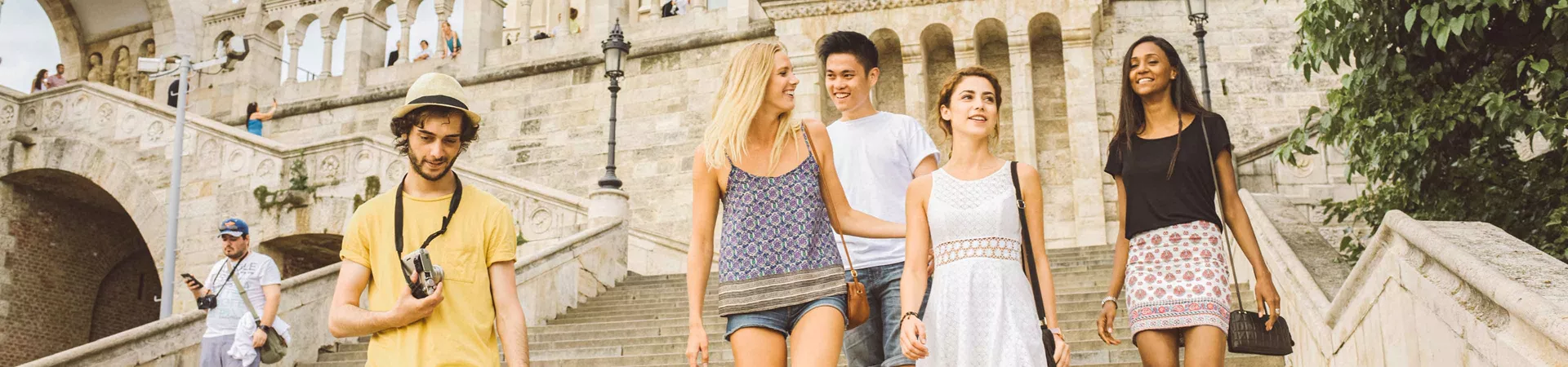 Travellers walking down the steps of Fisherman's Bastion, Budapest, Hungary