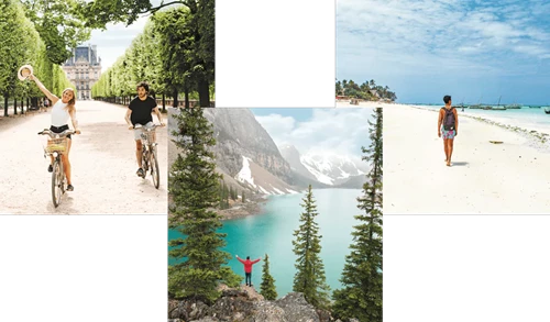 Travel collage, bike trip, beach, forest mountains